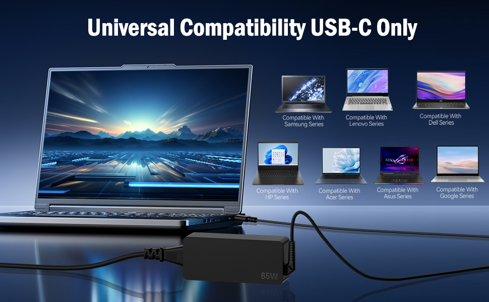 Text reads 'Universal Compatibility USB-C Only'. Composite marketing image showing multiple laptop and device screens displaying scenic wallpapers, connected via USB-C cables.