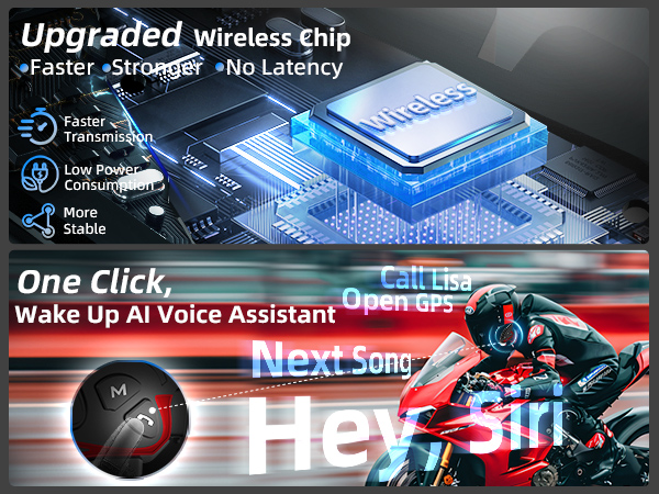 Technology infographic showcasing upgraded wireless chip features: faster, stronger signal, low power consumption. Includes AI voice assistant functionality with 'Hey Siri' example.