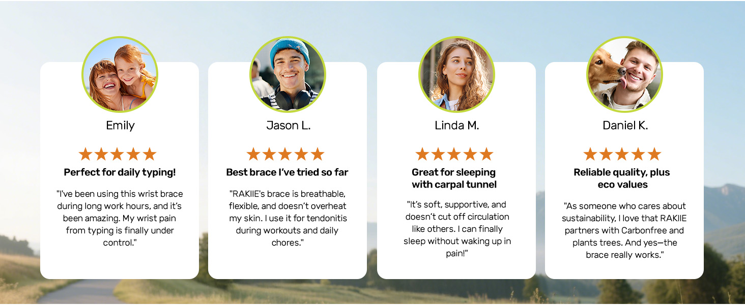 Four circular profile cards displaying 5-star ratings and review testimonials with blue and white color scheme.