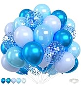 Blue Balloons,12 Inch Metallic Pearl Blue Macaron Blue and Confetti Balloons with Ribbon,for Birt...