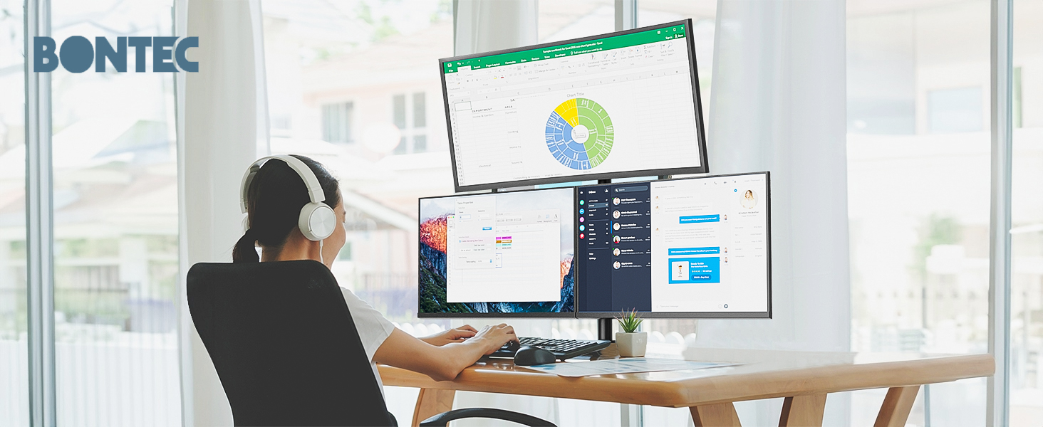 Workspace setup with dual monitors displaying data analytics and mapping software, featuring Bontec branding.