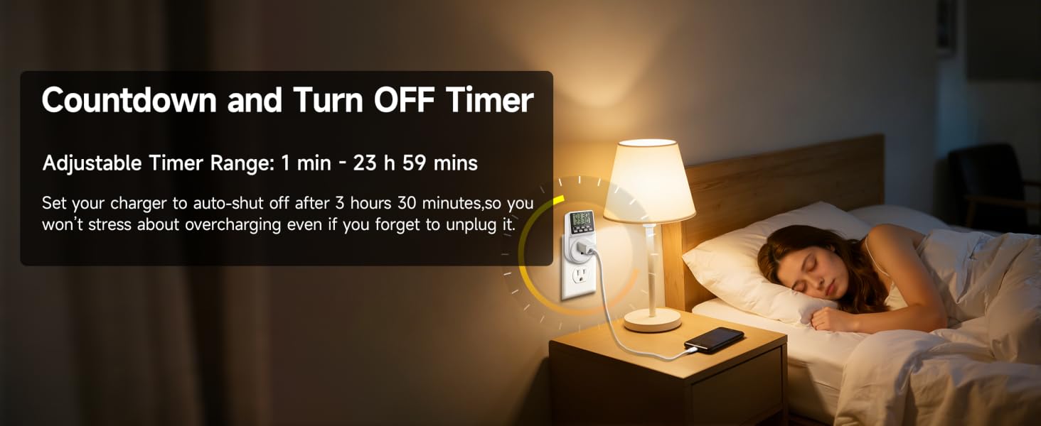 In a bedroom,a table lamp and charging smartphone use timer(auto-shut off after 3 hours 30 minutes)