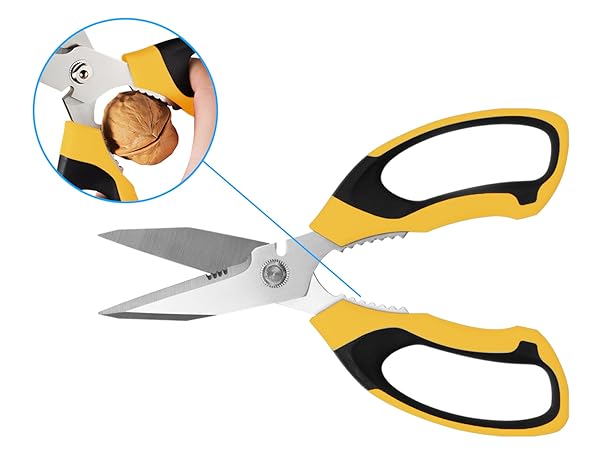 Multifunctional utility scissors heavy duty built-in nutcracker function for bottle caps and walnuts