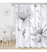 Litabel Grey Boho Watercolor Floral Shower Curtain, Ink Painting Style Blossom &amp; Leaf Shower Curt...