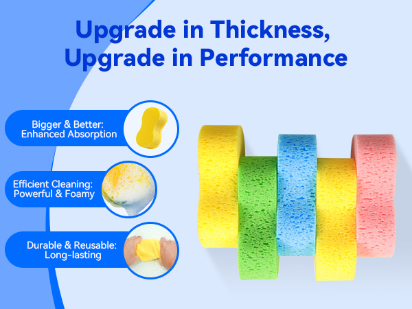 2.4in thick all purpose sponge, inexpensive and effective.The huge sponge is soft and strong.