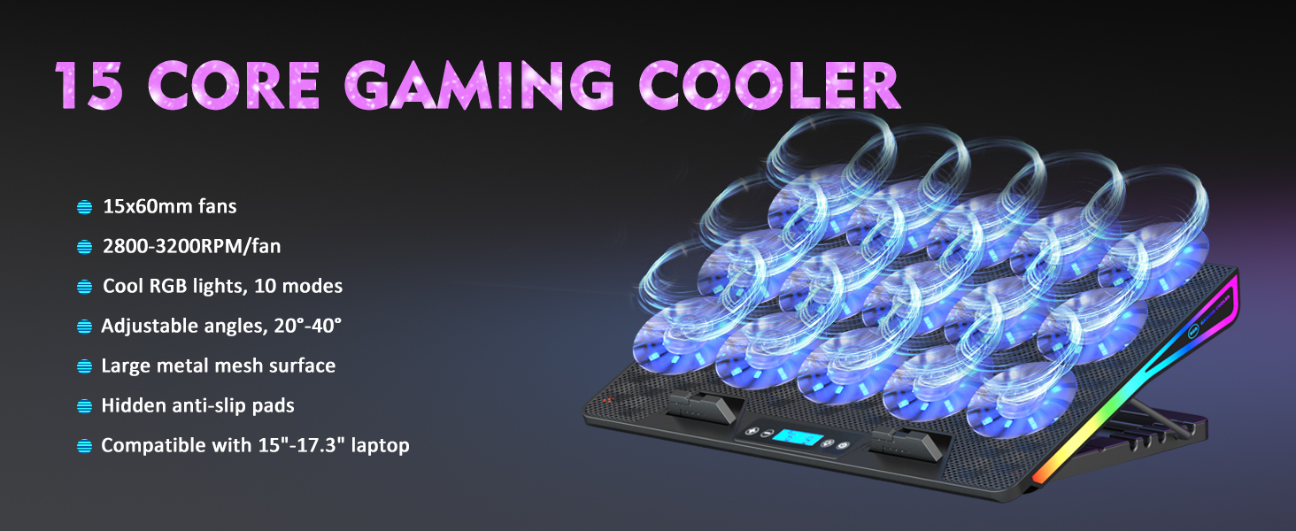 aicheson gaming laptop cooling pad blue black 15 fans stand