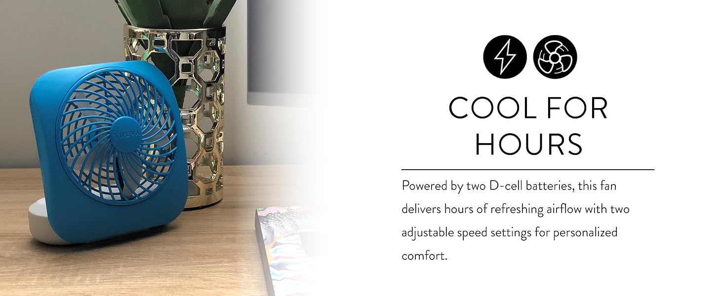 Blue Treva 5 inch desk fan on desk