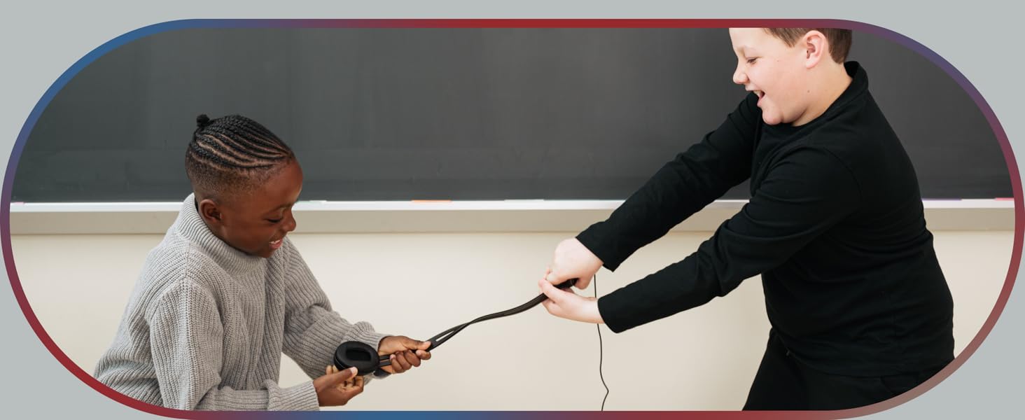 Two children attempting to pull apart a Cyber Acoustics headphones