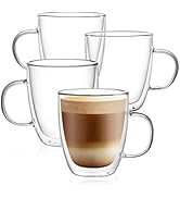 CNGLASS Large Glass Coffee Mugs 12oz,Double Walled Insulated Cappuccino Mug with Handle,Set of 4