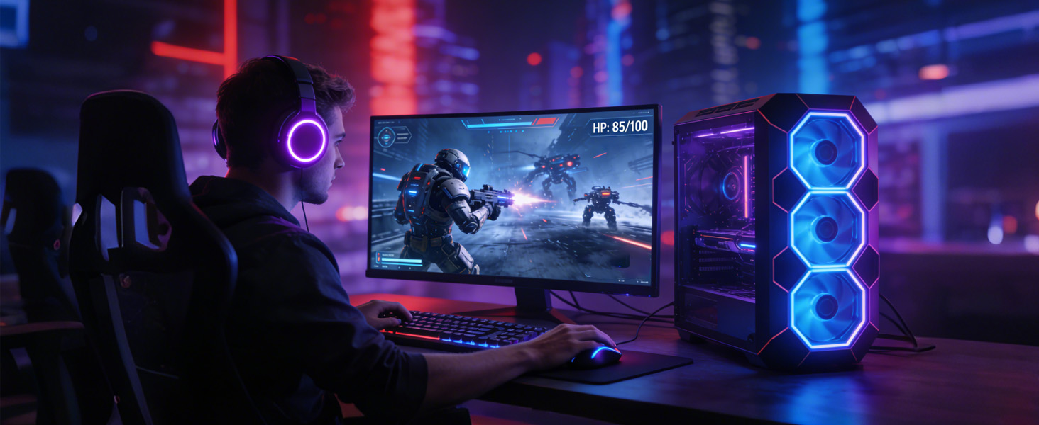 Gaming setup with large monitor displaying action scene, illuminated by blue and red ambient lighting. PC case visible with glowing blue cooling fans.