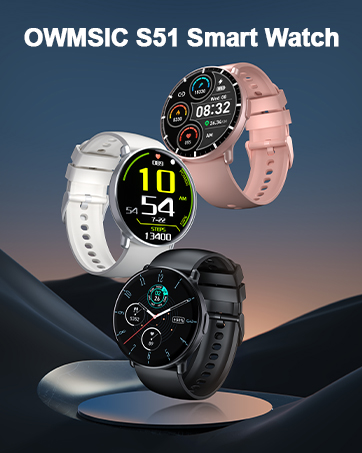 OWMSIC S51 Smart Watch in three colors: white, rose gold, and black. Circular displays show time, fitness stats. Silicone straps. Background sunset scene.