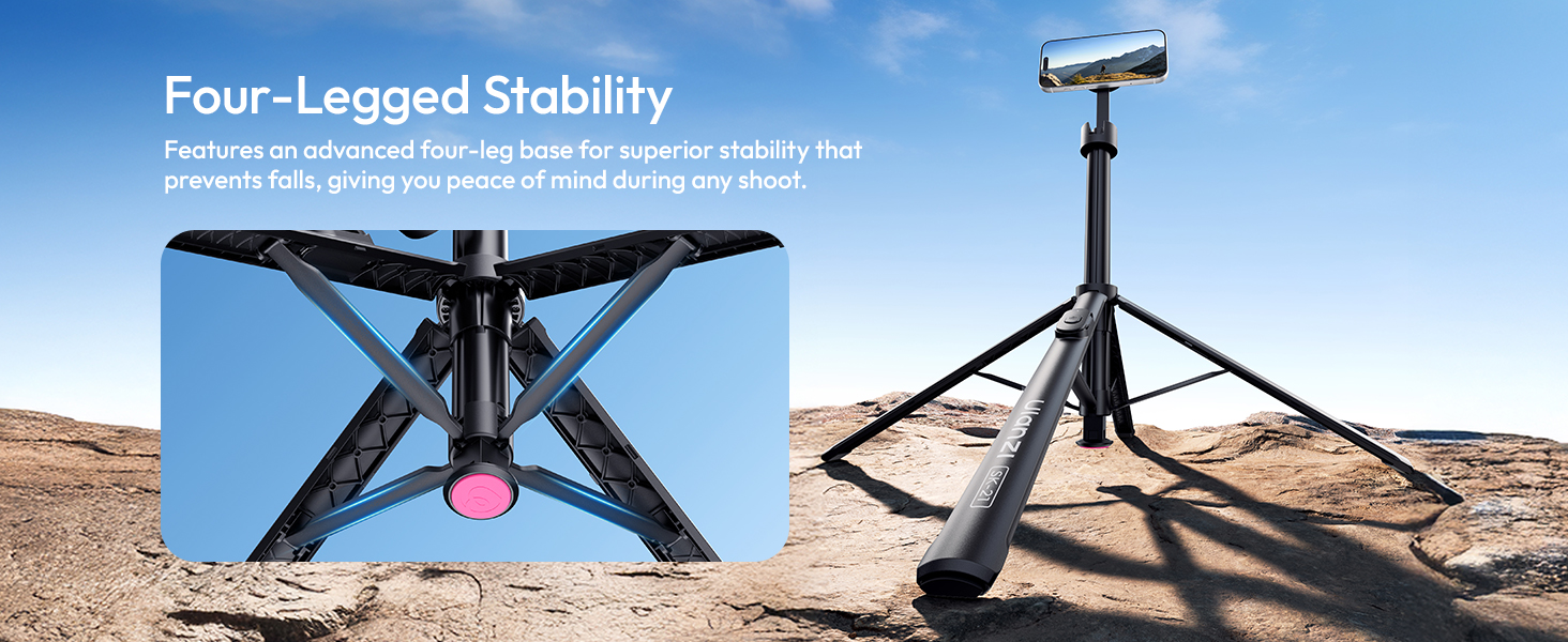 Text reads 'Four-Legged Stability'. Multiple views of a black tripod or stand with extending legs shown on sandy/rocky terrain demonstrating stability features.