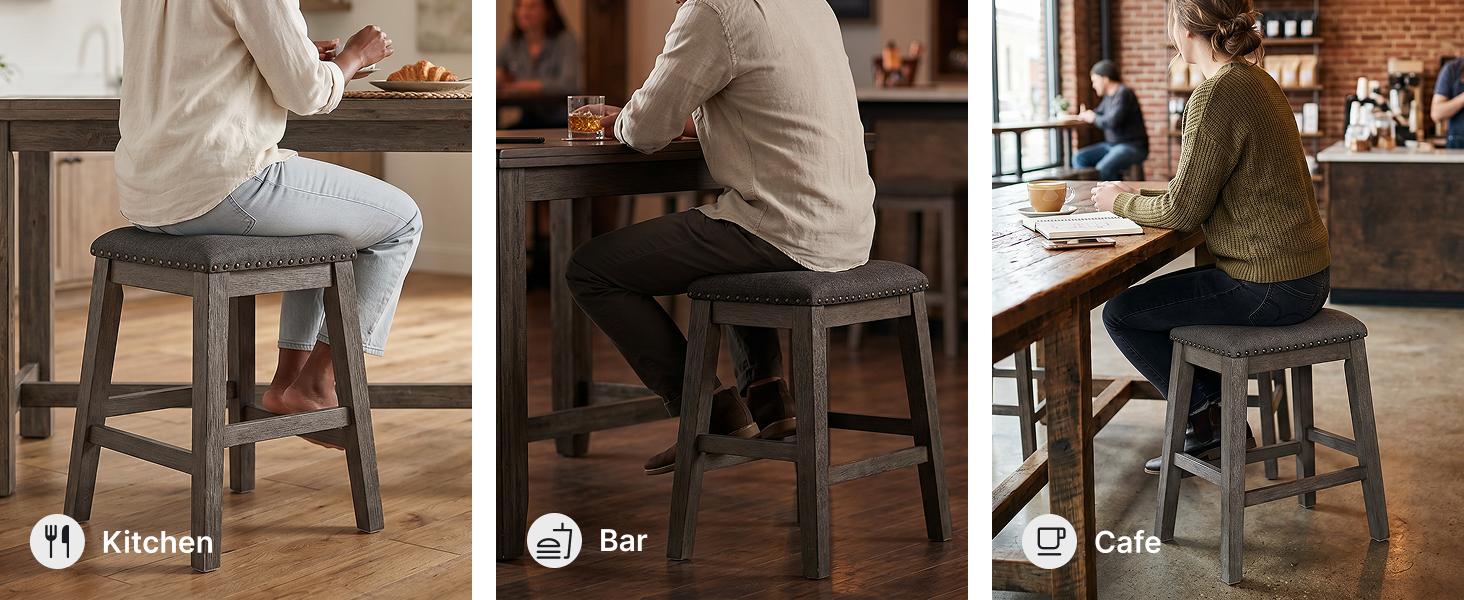 Kitchen island setting with backless counter height bar stools featuring a gray wood finish