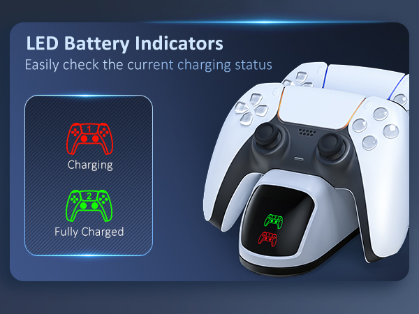A dock displays two controllers, with red lights for charging and green for fully charged.