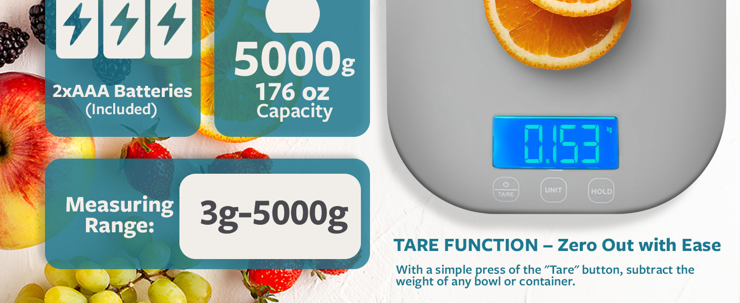 2 batteries included, measuring range 3-5000g