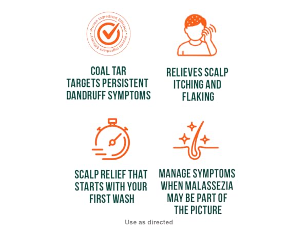 Coal tar dandruff treatment relieves itching and flaking, scalp relief from first wash, 4 icons