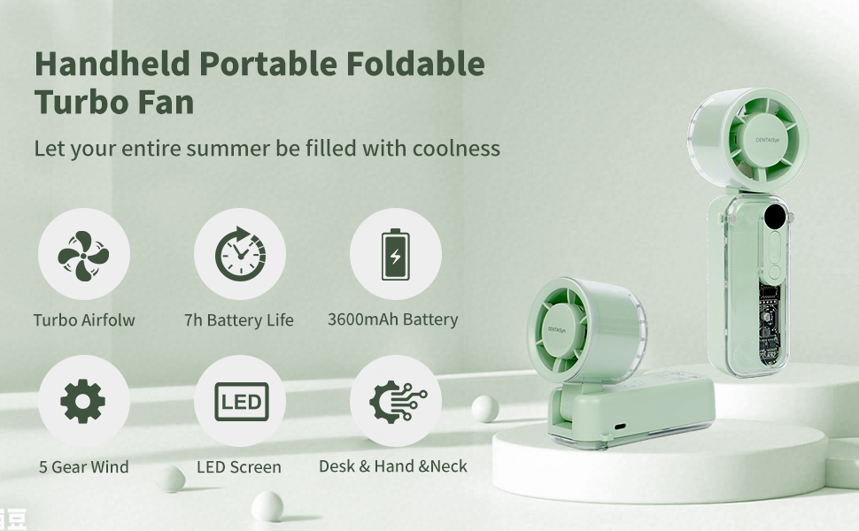 Text reads 'Handheld Portable Foldable Turbo Fan' with 'Let your entire summer be filled with coolness.' Features icons showing: Turbocharged, Whisper Quiet, Detachable Battery, Ultra-quiet, USB Charging, Built-in Stand Mode. Green portable cooling device.