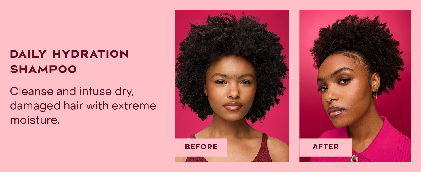 Two images of the same woman comparing her hair before and after applying the product.