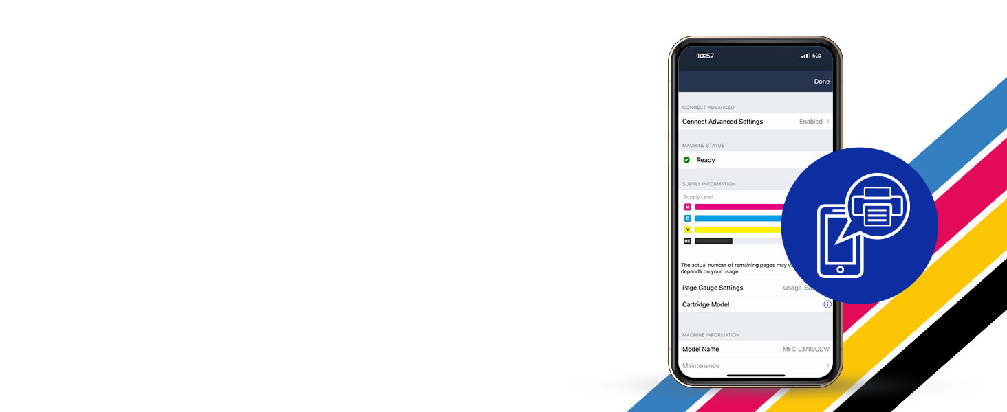 Brother Mobile Connect app showing page gauge with approx ink levels in connected Brother printer