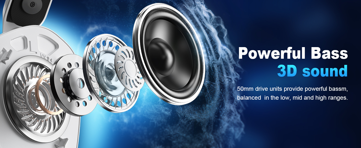 Text reads '3D sound' and 'Powerful Bass'. Marketing image displaying silver speaker components and sound wave visualization against blue background.