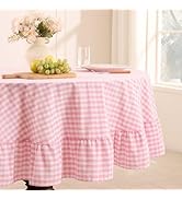 Romanstile Gingham Ruffled Tablecloth Round - Outdoor Linen Cotton Checkered Table Cloth, Waterpr...