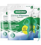 RAZOKO Dental Floss Picks | Toothpick, Extra Strong Flosser Pick, Fresh Mint Flavor, 75 Dental Fl...
