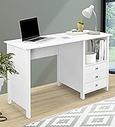 Techni Mobili White Desk with Drawers - Small Office Desk with 3 Cabinet Drawers, Open Shelf, &amp; L...