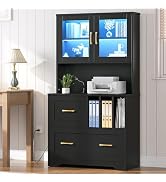HOOBRO 2 Drawer File Cabinet with Charging Station, LED Lights, and Bookshelf, Farmhouse Filing C...