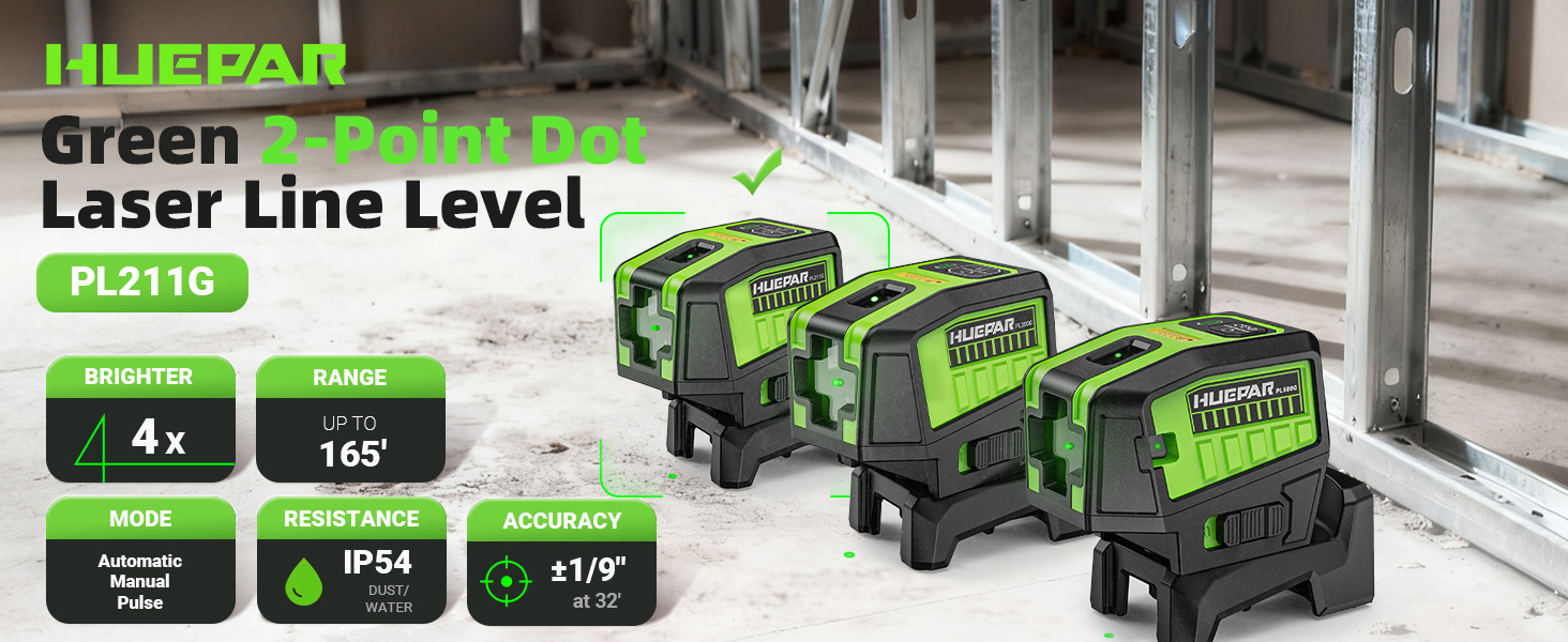 Huepar PL211G Laser Level with 2 Plumb Dots