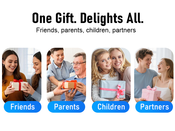 Text reads 'One Gift. Delights All.' with categories 'Friends, Parents, Children, Partners'. Marketing image showing gift-giving scenarios across different relationships.
