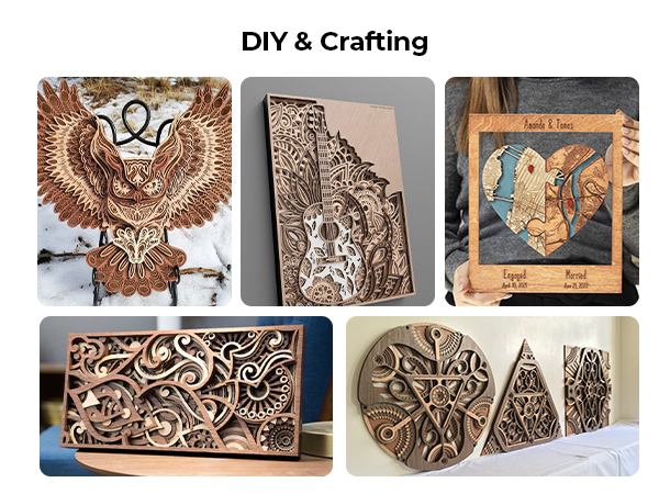 Text reads 'DIY &amp; Crafting'. Multiple images showing intricate owl-themed wooden craft projects or decorative pieces in various stages of completion.
