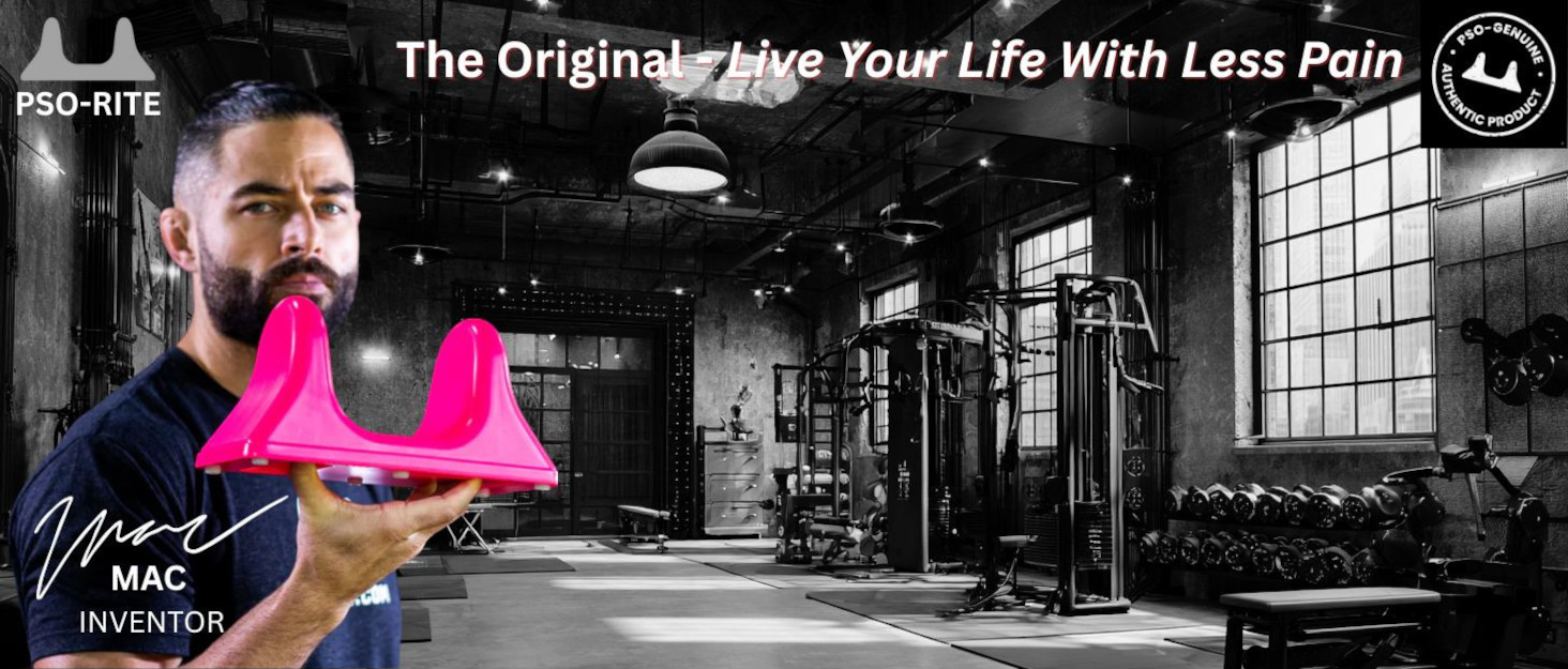 Man holding a Pso-Rite Psoas Muscle Release Tool with a gym in the background