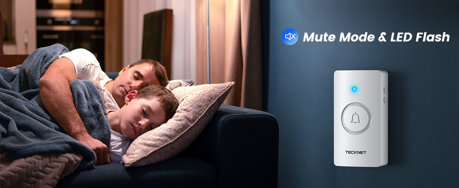 White wall-mounted device with button and LED. Text 'Mute Mode &amp; LED Flash' overlay. Person sleeping on couch in background.
