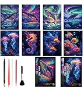 Collection of vibrant digital artwork featuring cosmic and underwater themes with swirling colors of blue, purple, pink, and orange.