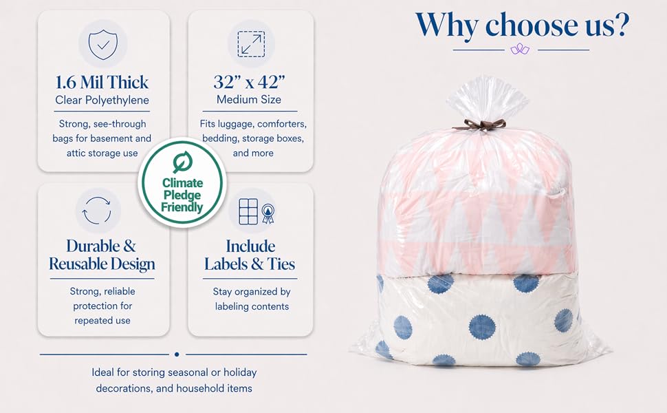 1.6 Mil 32x42 clear plastic storage bags for comforters blankets pillows toys attic protection