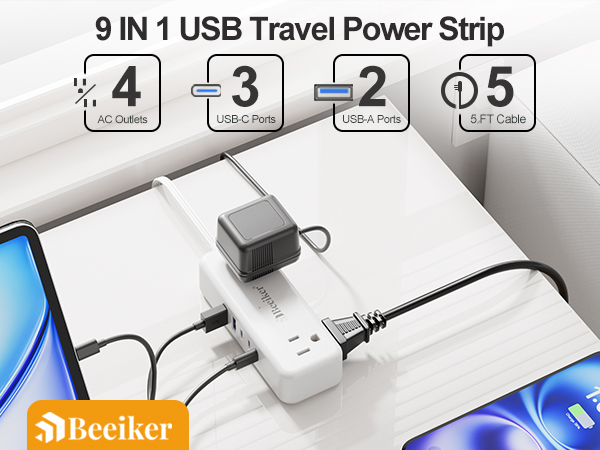 USB C MINI TRAVEL POWER STRIP WITH 4 OUTLETS