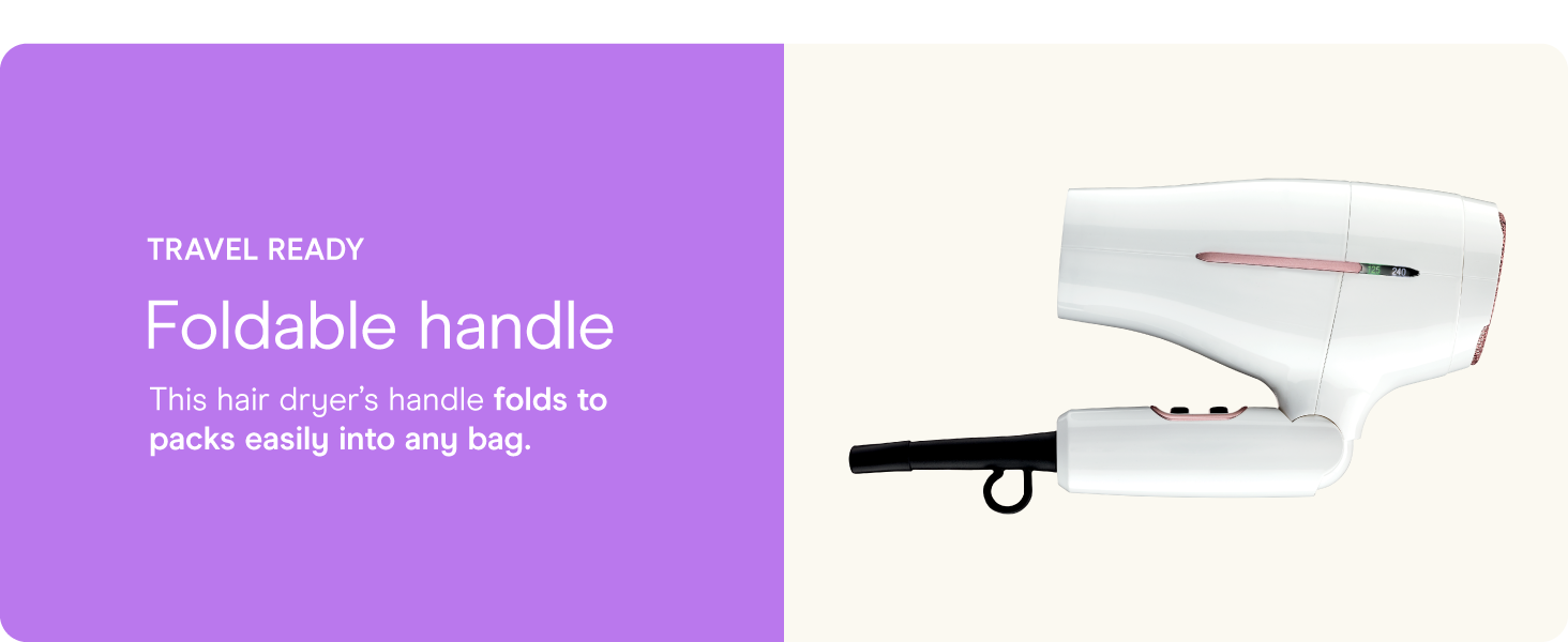 Conair small, mini, and compact hair dryer for travel. Handle folds for easy storage.