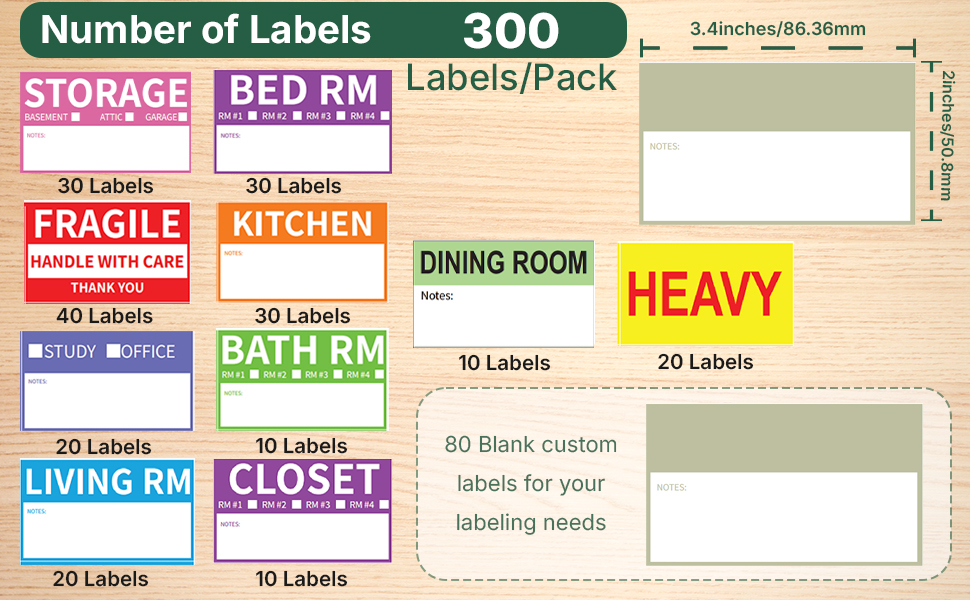 300 piece moving labels pack, color coded room, fragile, heavy and blank box stickers