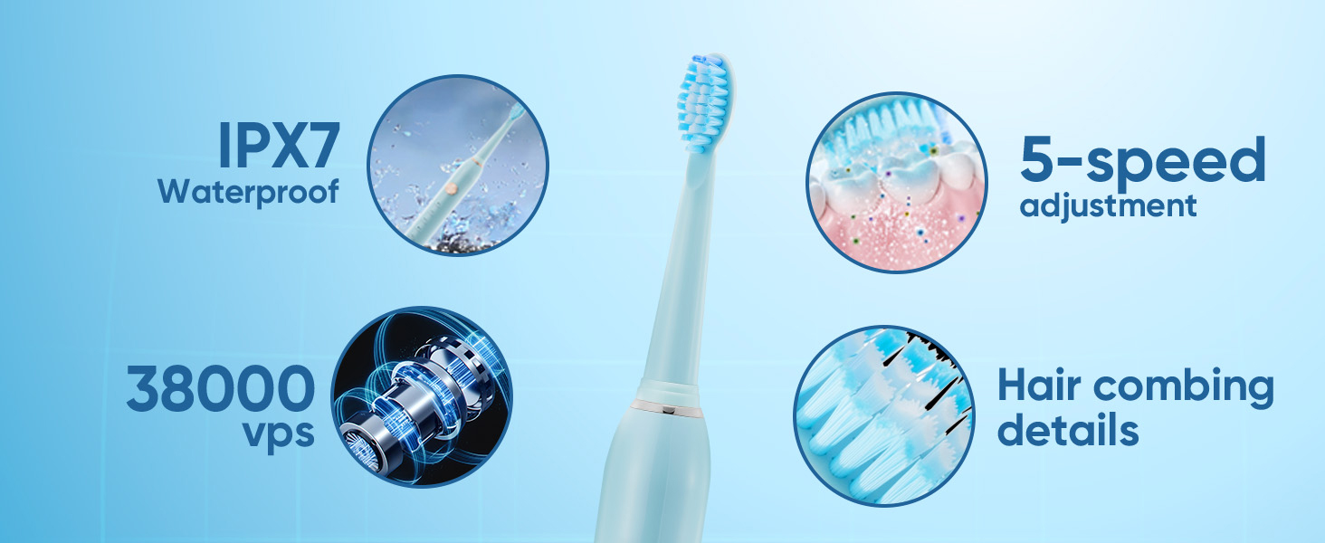 Text reads 'IPX7', '5-speed', '33000', 'Hair combing', 'Waterproof'. Technical product interface showing circular icons with various features and settings.