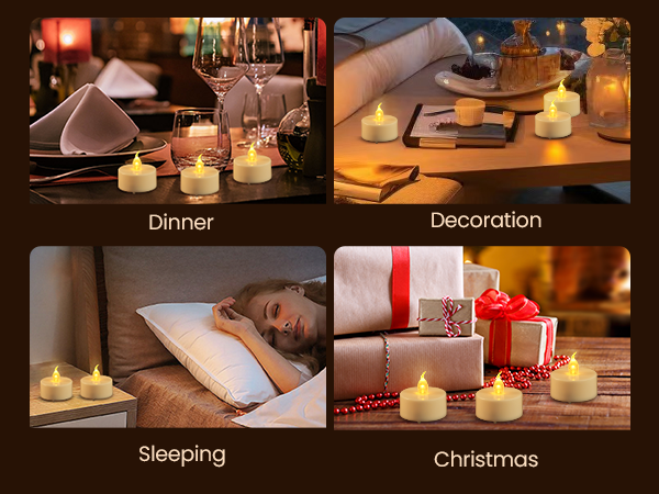 Four-panel lifestyle montage featuring LED flameless candles in different settings: dinner table, home decoration, bedside, and Christmas gift arrangement.