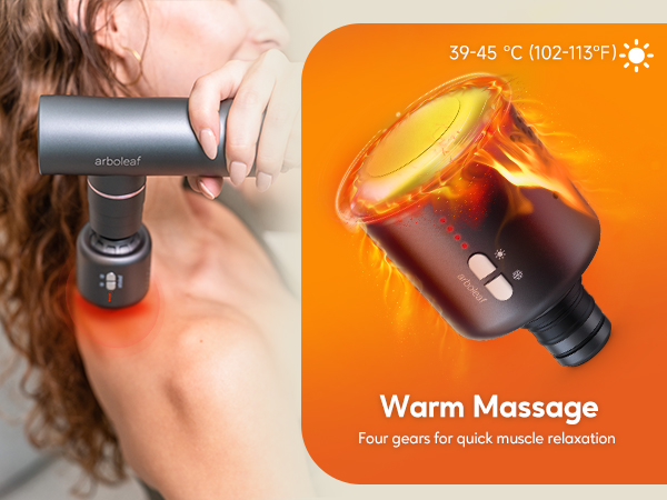 Warm massage head in use, heating 39–45°C, shown with flame effect