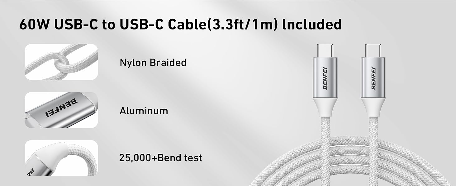 60W USB-C to USB-C cable(3.3 ft/1 m) with nylon braided, aluminum and 25,000+ bend test