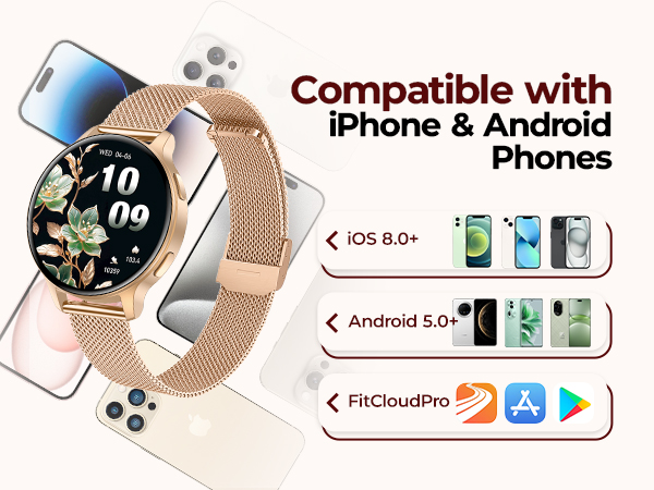 Rose gold smart watch perfectly compatible with Android and iPhone iOS smartphones
