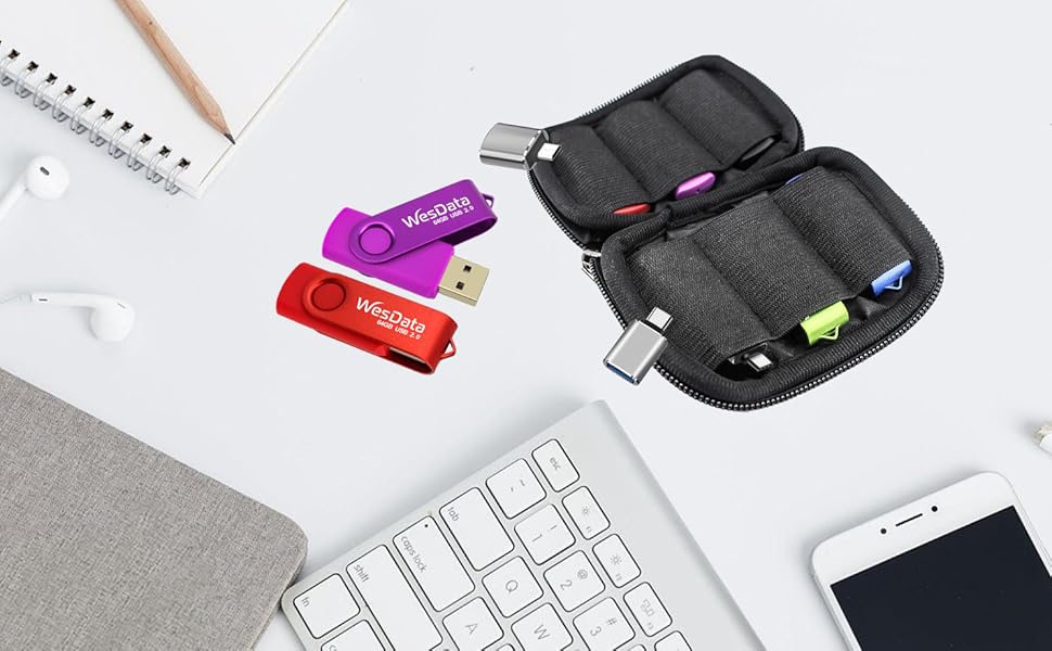 5 pack 64GB USB flash drives and 2 USB C adapters in a Case A-6