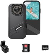 Compact black action camera device shown with aqua blue waterproof case and memory card accessories. Multiple views showcase camera body and mounting options.