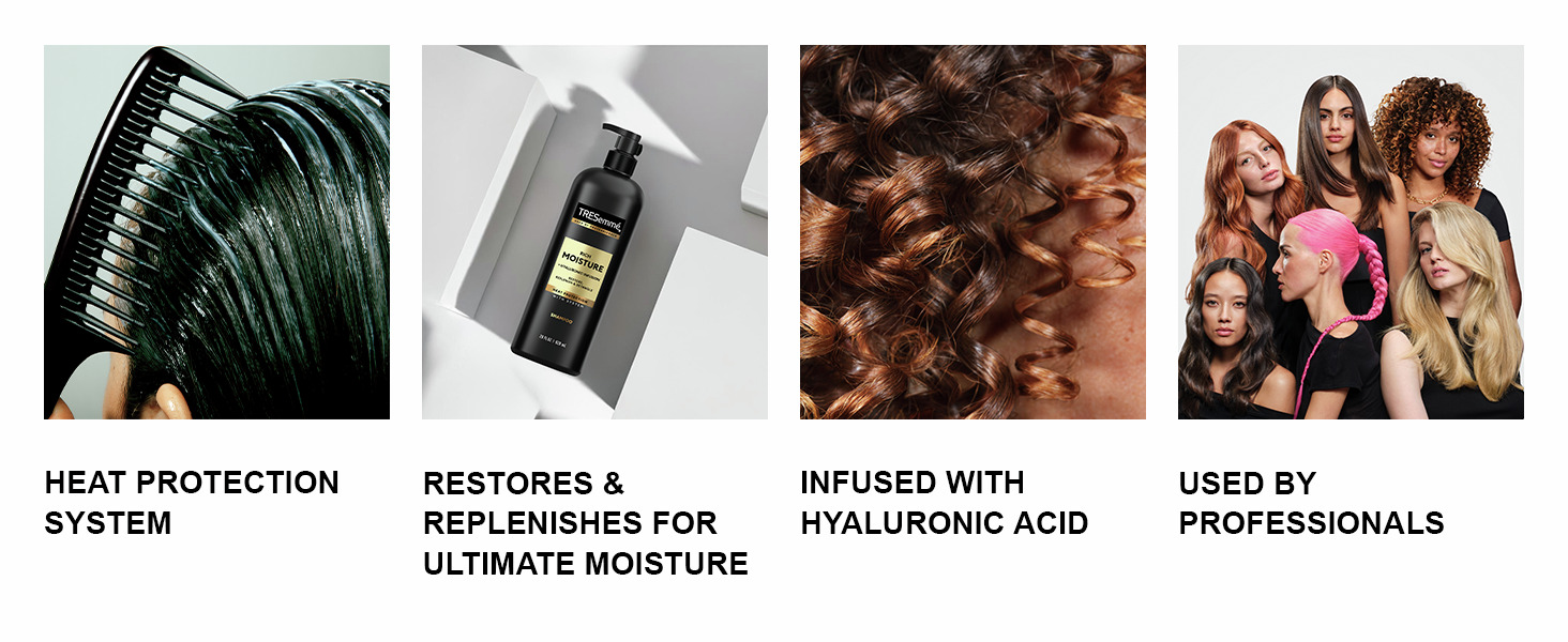 Comb through hair, TRESemmé bottle, shiny curls, &amp; diverse women with bold styles.