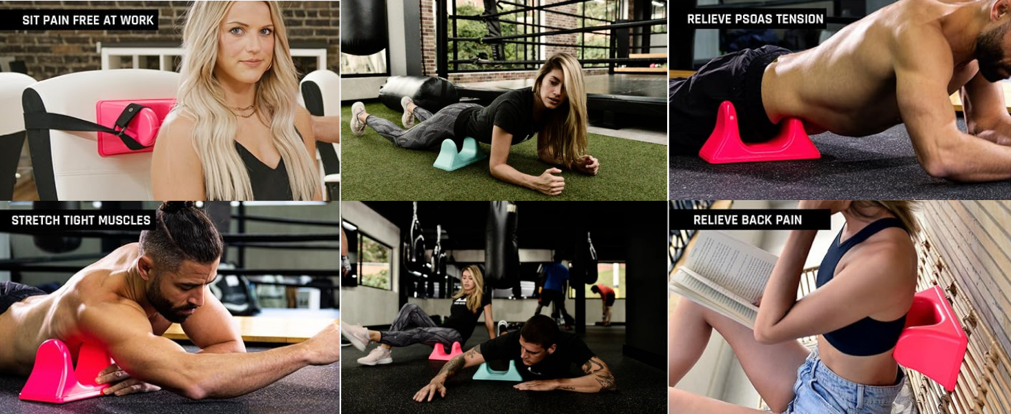 Multiple images showing the uses of the PSO RITE muscle release tool on abdomen back hips shoulder