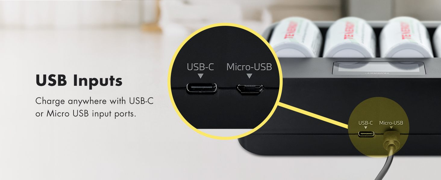 USB inputs charge anywhere with USB-C or micro-usb input ports