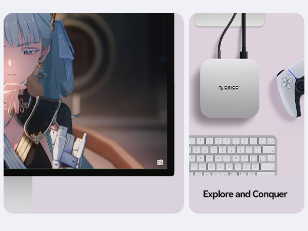 Dual-panel image: Left shows animated character. Right displays white keyboard, square device labeled 'ORICO', and partial game controller on pink background. Text reads 'Explore and Conquer'.