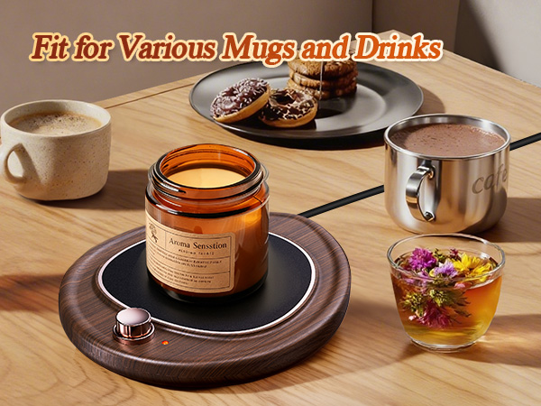 Text reads 'Fit for Various Mugs and Drinks'. Tabletop scene with coffee mug, jar on plate, small pot, and tea cup with floral garnish on dark plates.